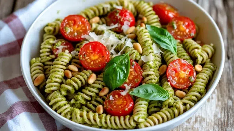 Cold Pesto Pasta Salad with fresh basil, cherry tomatoes, and parmesan cheese
