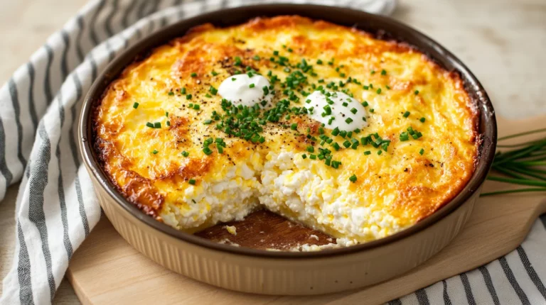 golden cottage cheese egg bake with melted cheese and fresh herbs on a white ceramic dish