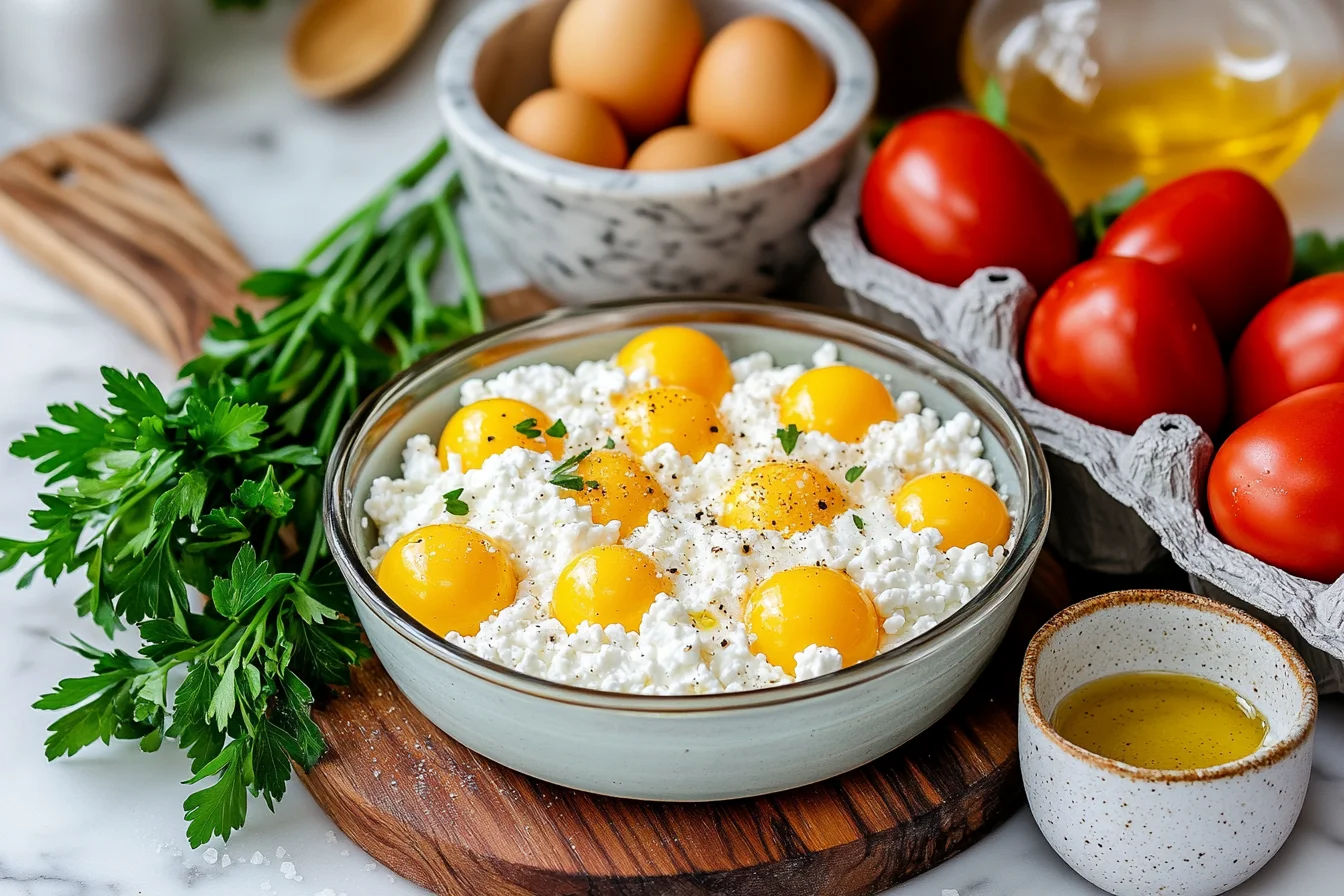 Fresh cottage cheese, eggs, and herbs arranged on marble counter for cottage cheese egg bake preparation