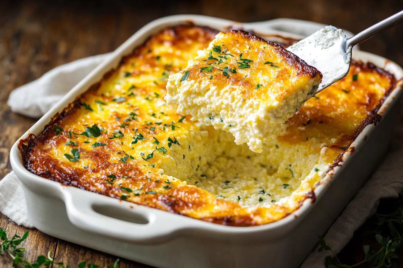 golden cottage cheese egg bake with melted cheese and fresh herbs on a white plate
