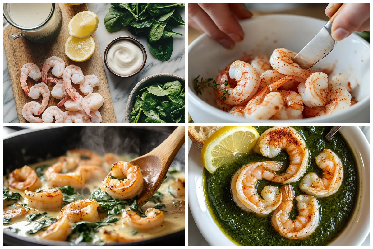 saut&eacute;ing shrimp with garlic and spinach for Creamy Spinach Shrimp