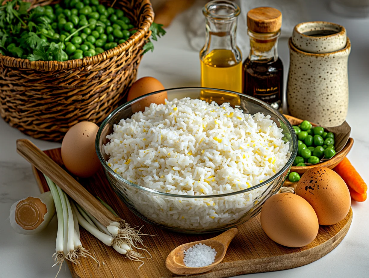 Fresh eggs, day-old rice, soy sauce, and green onions arranged on marble counter for egg fried rice recipe