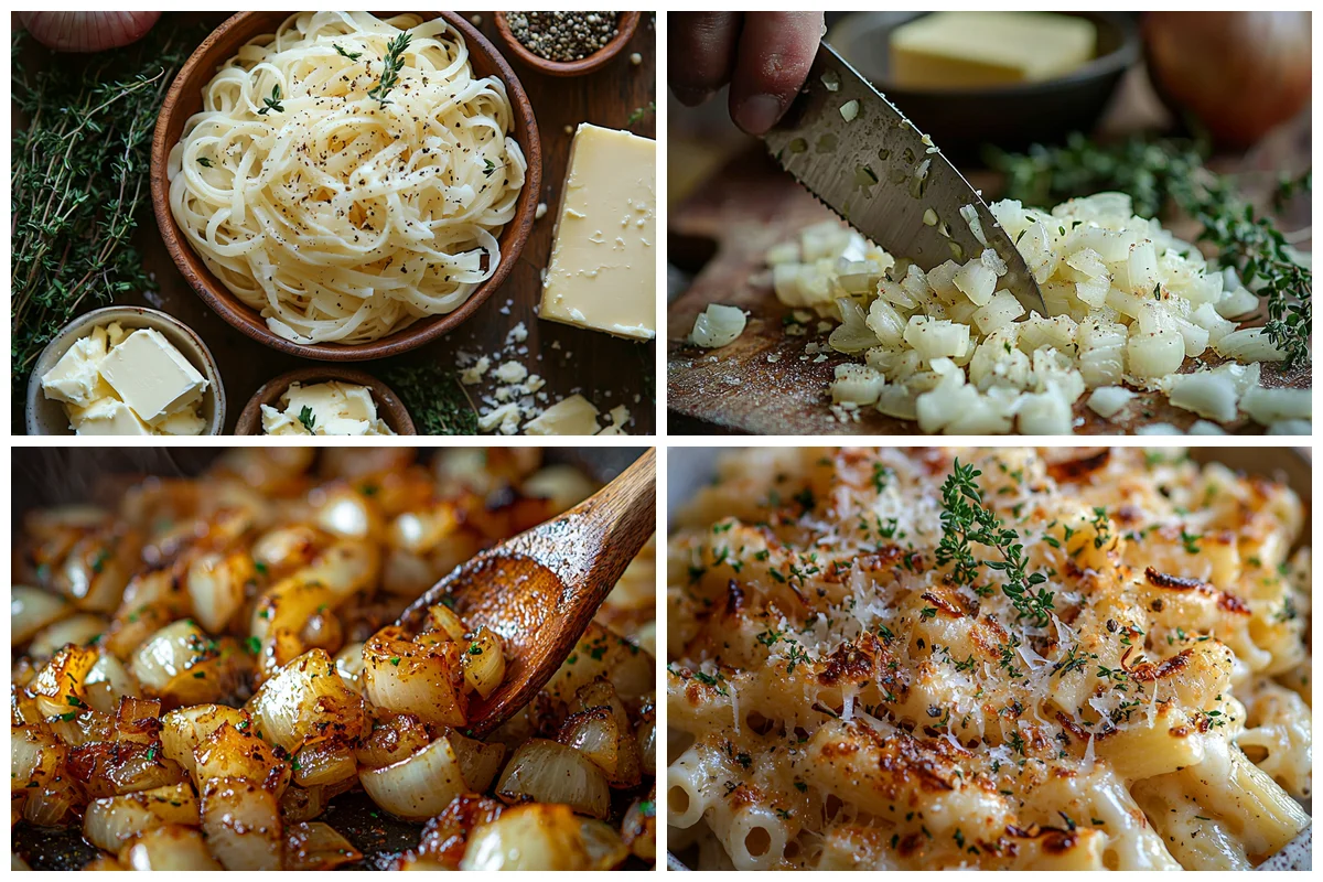 French Onion Pasta with creamy sauce and golden edges in a white ceramic dish