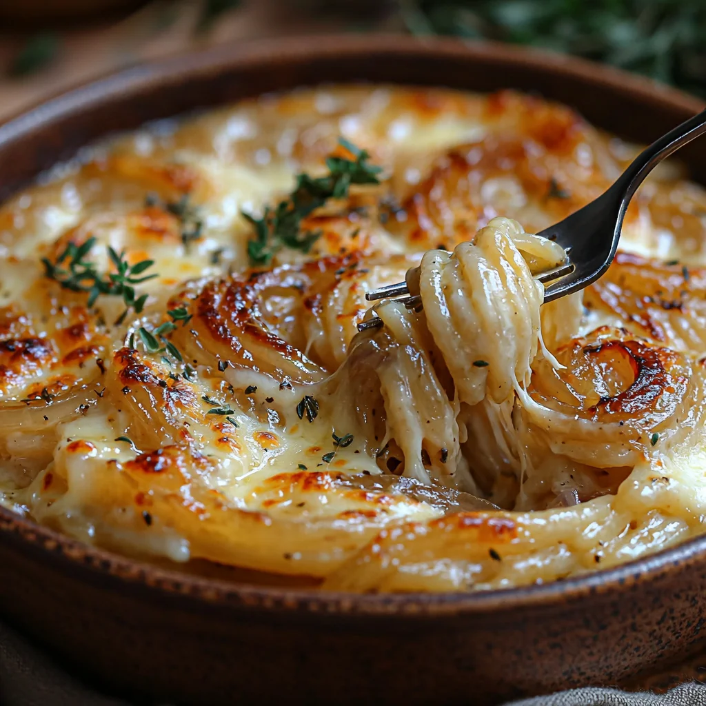 French Onion Pasta with creamy sauce, golden edges, fresh herbs in an elegant white dish
