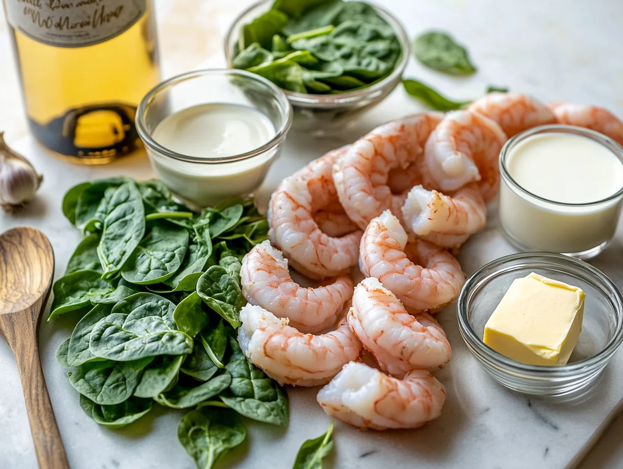 fresh spinach leaves and peeled shrimp arranged on a cutting board for creamy spinach shrimp recipe
