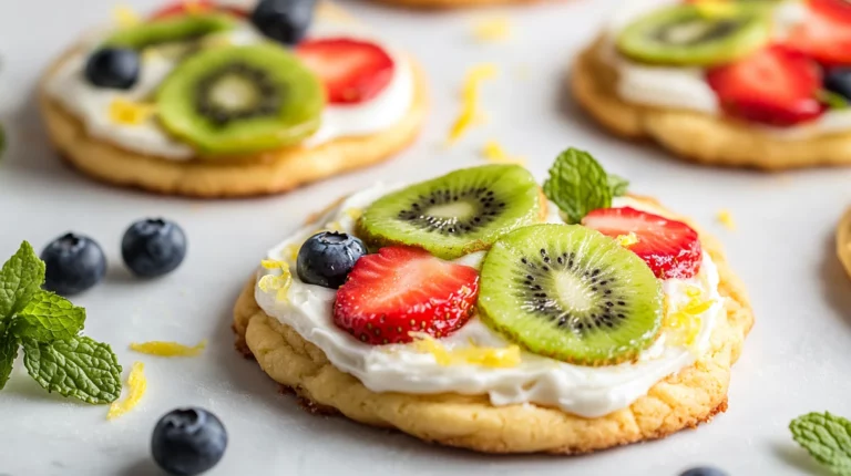 Vibrant Fruit Pizza Cookies topped with fresh strawberries, blueberries, and kiwi on a soft sugar cookie base