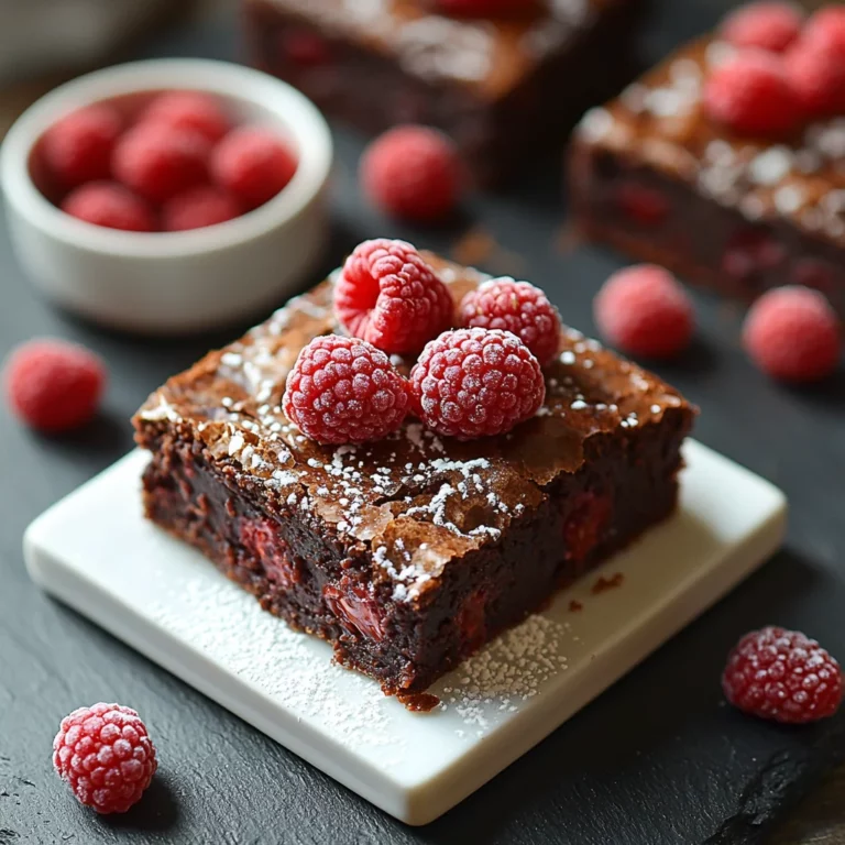 Fudgy raspberry brownies with glossy chocolate coating and fresh raspberries on top in white ceramic dish