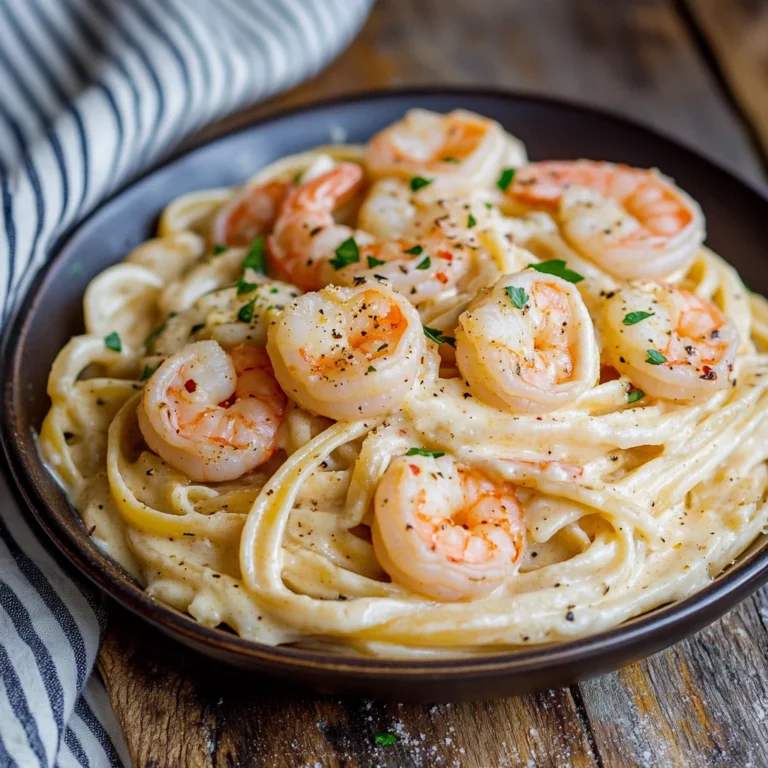 Garlic Butter Shrimp Pasta with creamy sauce, golden edges, and fresh herbs in an elegant dish