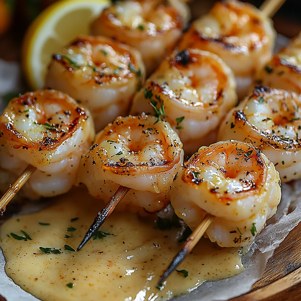 Golden garlic butter shrimp skewers with glossy herb-speckled sauce dripping down perfectly grilled shrimp