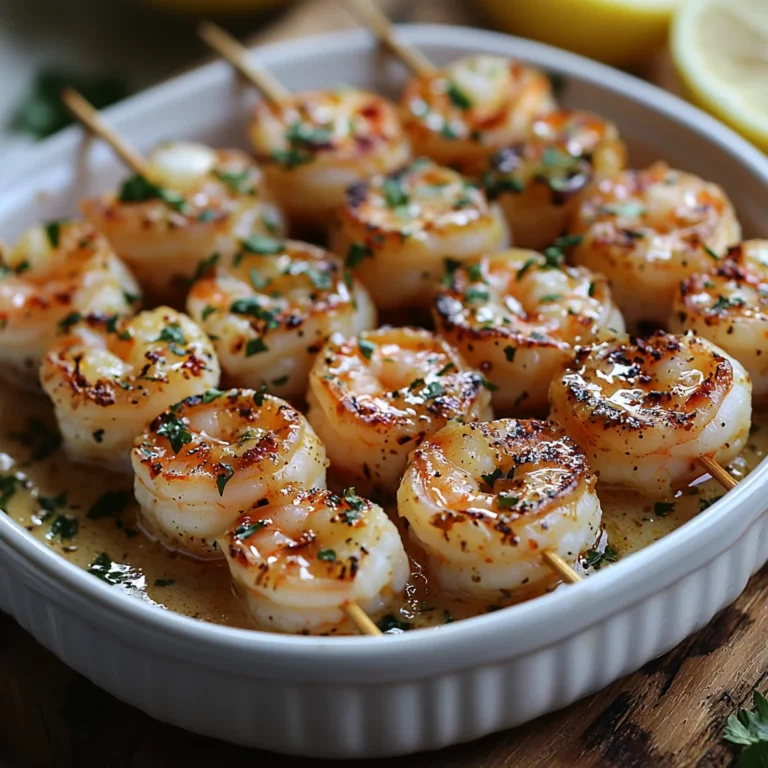 Garlic butter shrimp skewers with golden edges and glossy butter sauce coating, fresh herbs sprinkled on top
