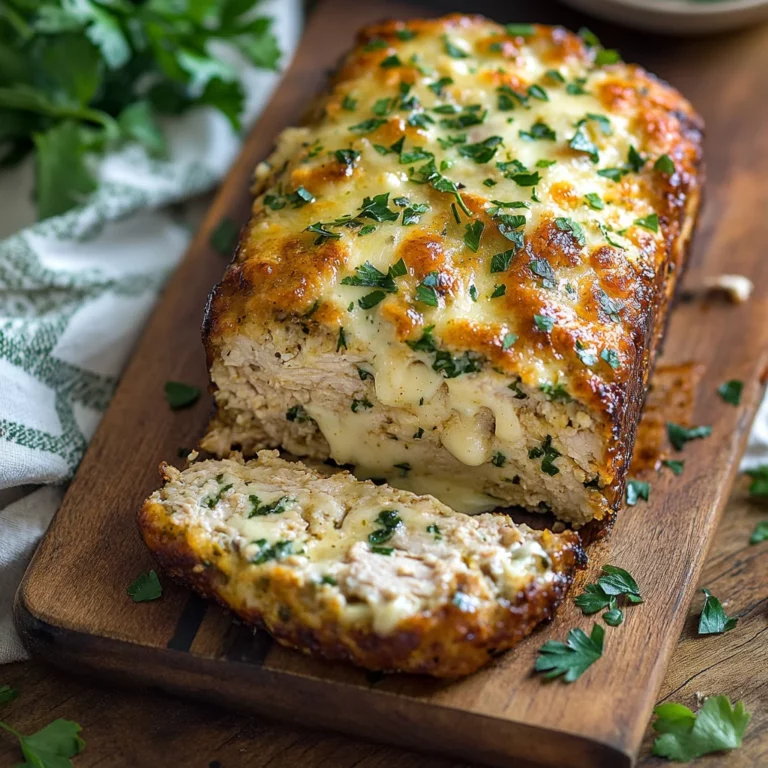 Garlic Parmesan Chicken Meatloaf with creamy sauce and fresh herbs in a white baking dish