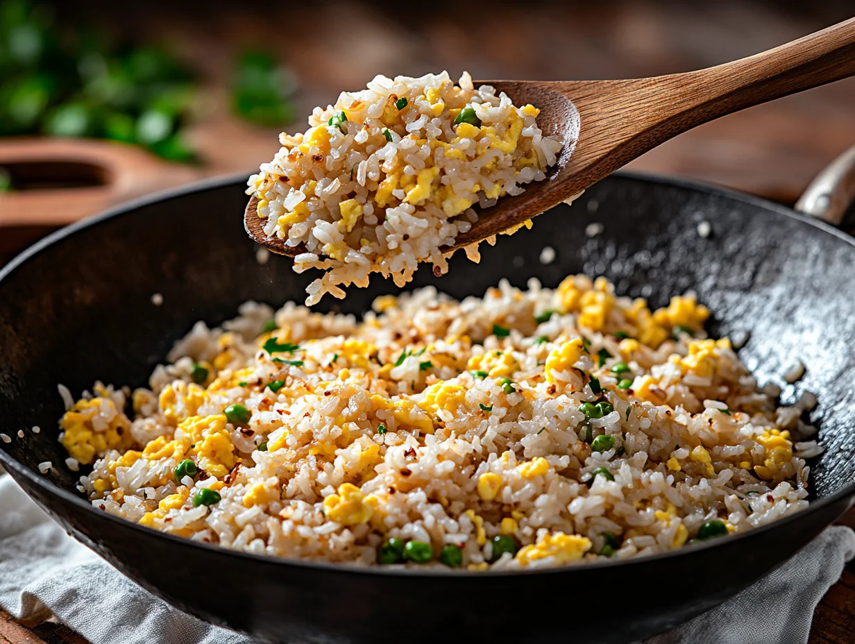 golden egg fried rice with fluffy scrambled eggs, vibrant green peas, and perfectly cooked rice