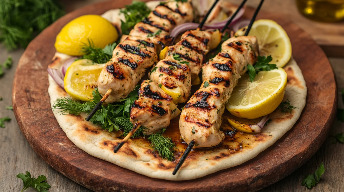 Juicy Greek Chicken Souvlaki skewers with vibrant grilled vegetables and fresh lemon slices