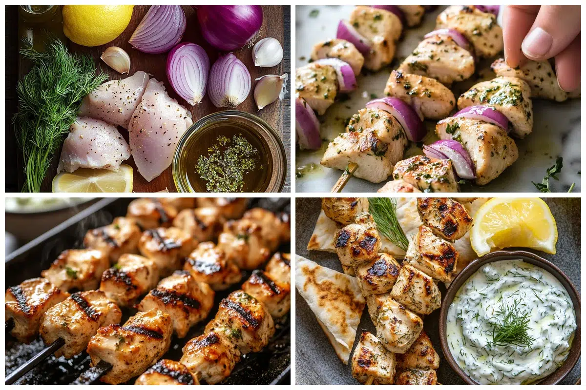 Marinated chicken pieces threaded onto skewers with colorful bell peppers and onions, ready for grilling as Greek souvlaki