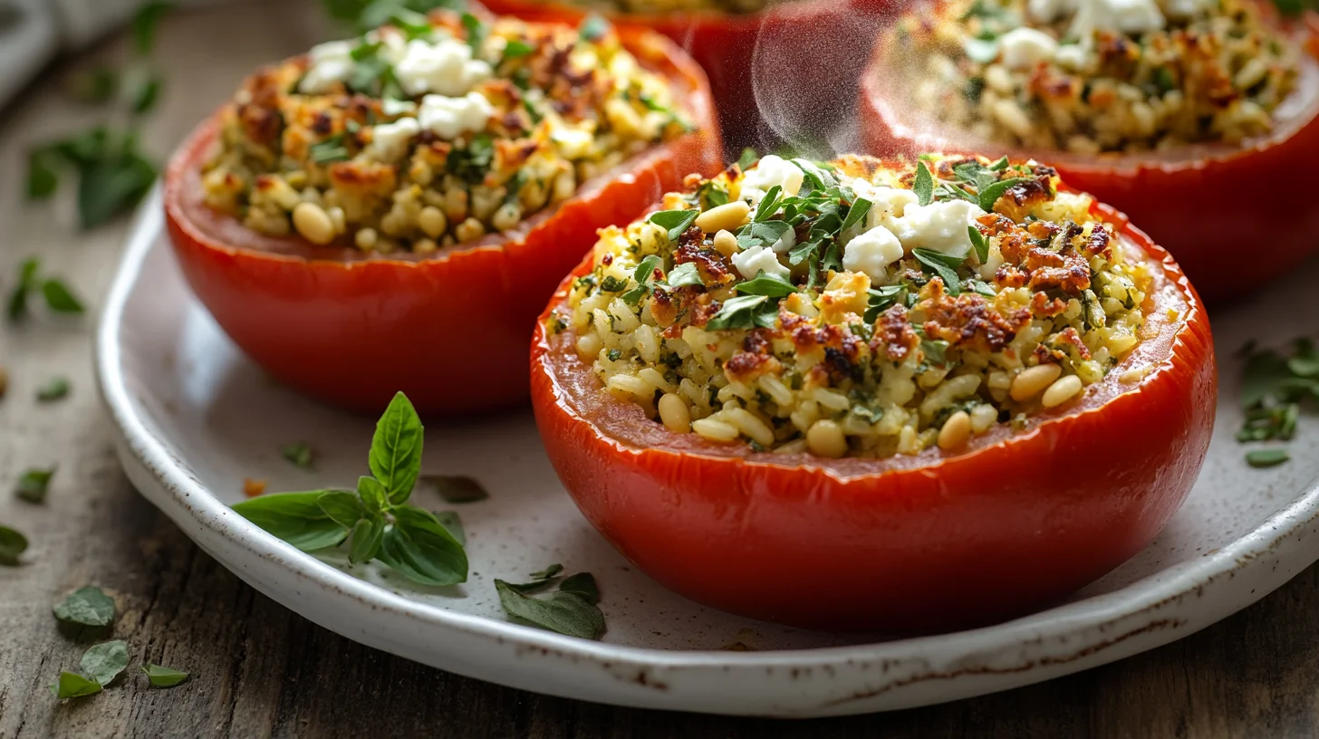 Greek Stuffed Tomatoes with rice and herbs, baked to perfection