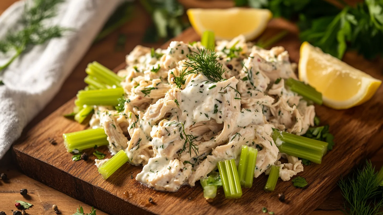 creamy Greek yogurt chicken salad with crisp celery and fresh dill in a white bowl