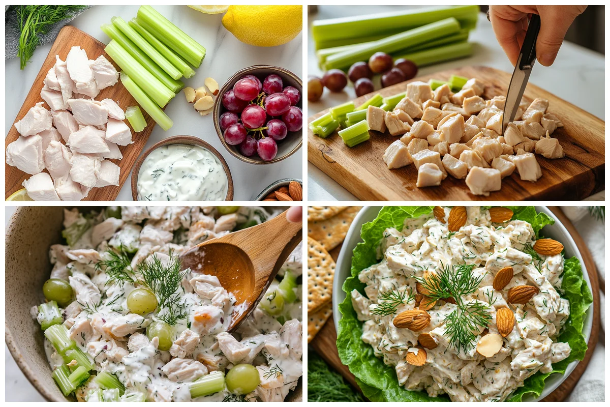 Shredded chicken breast being mixed with Greek yogurt in a large white mixing bowl for healthy chicken salad