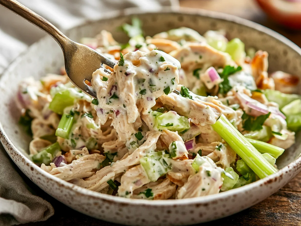 Greek yogurt chicken salad served on a white plate with fresh herbs and colorful vegetables visible