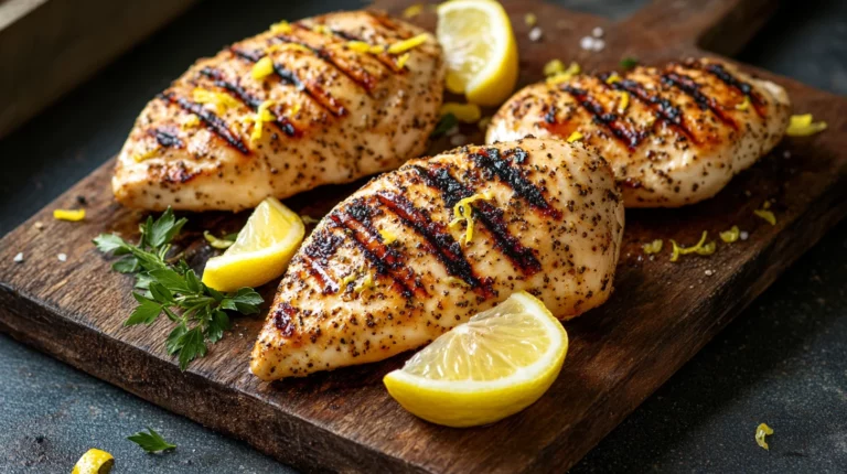 Grilled Lemon Pepper Chicken with char marks and fresh herbs on a wooden platter