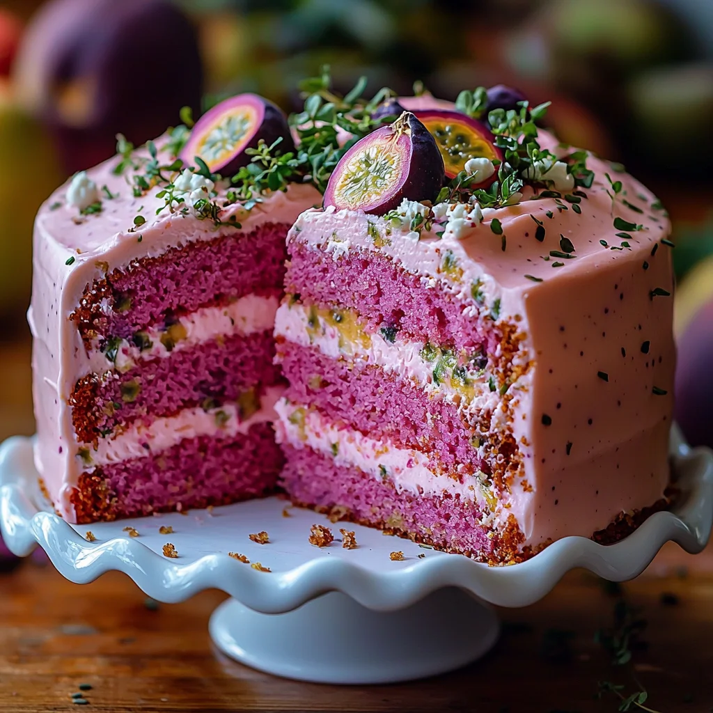 Hawaiian guava cake slice with glossy pink guava glaze dripping down sides, garnished with fresh mint leaves