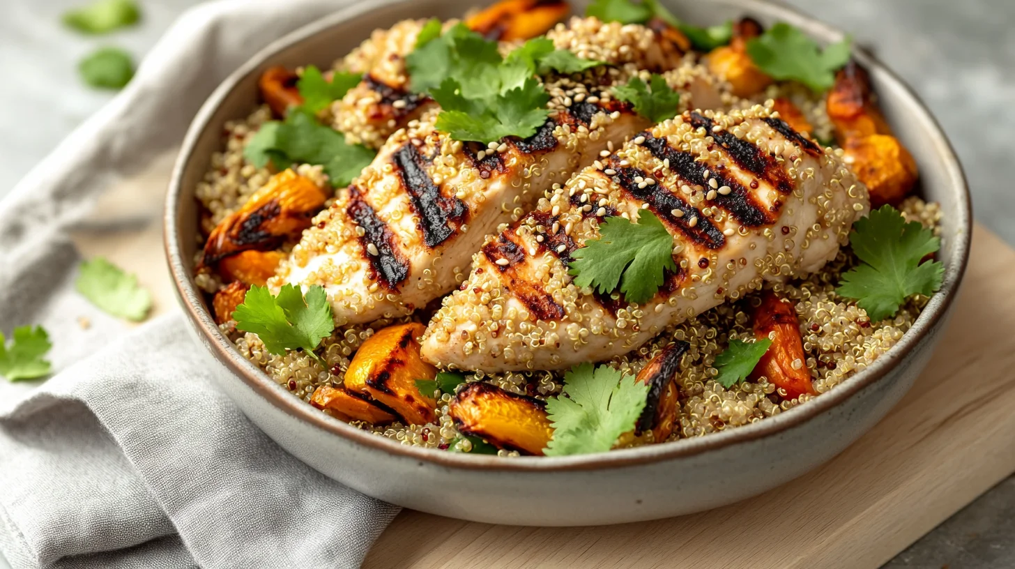 High protein quinoa chicken bowl with grilled chicken breast, fluffy quinoa, fresh vegetables and herbs