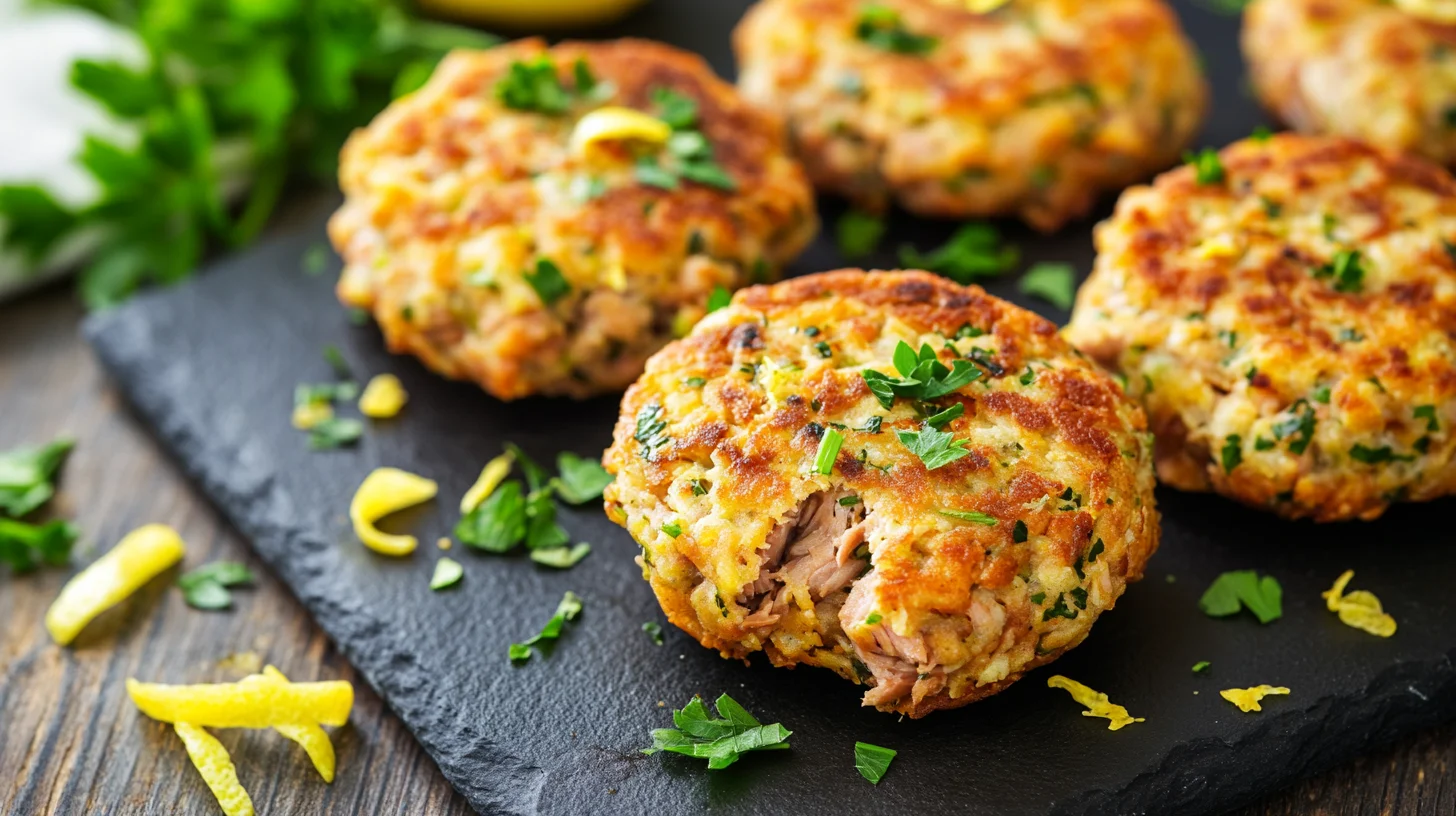 golden-brown high protein tuna patties served on a white plate with fresh lemon wedges