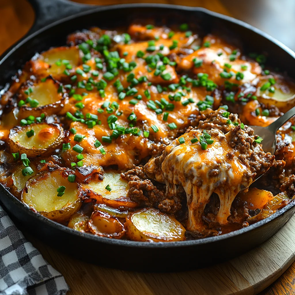 Hobo Casserole with ground beef in a creamy sauce, golden edges, fresh herbs on top