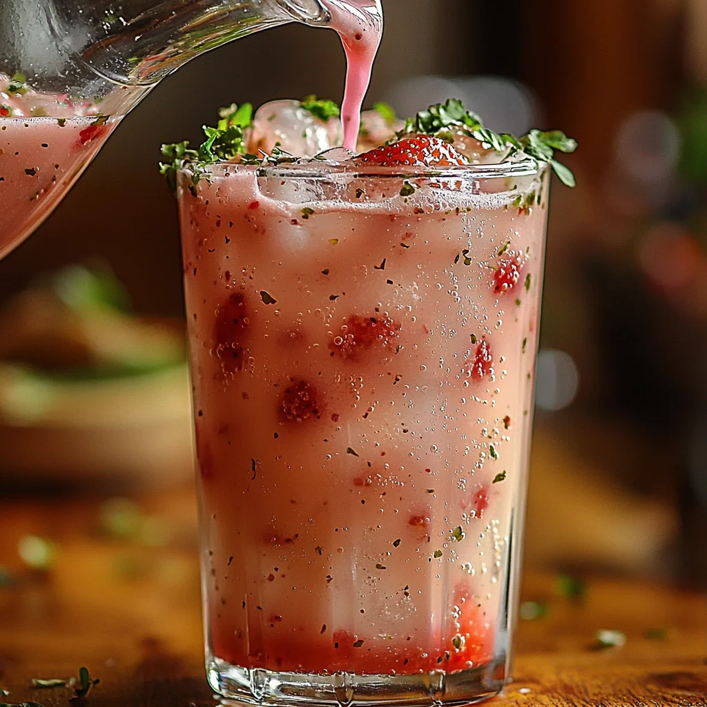 Homemade Strawberry Lemonade with fresh strawberries and lemon slices in an elegant white ceramic dish