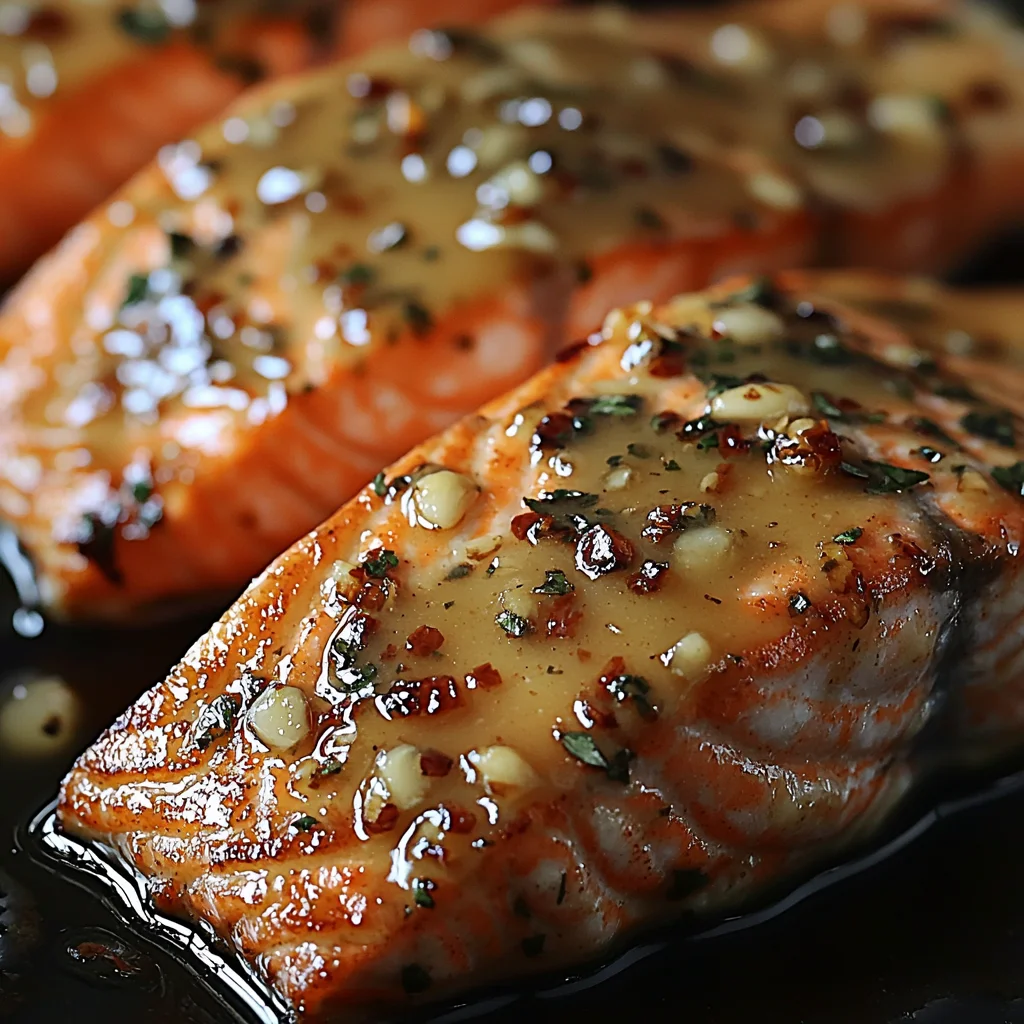 closeup of honey garlic butter salmon with glossy sauce coating the fish and golden roasted edges, served with potatoes