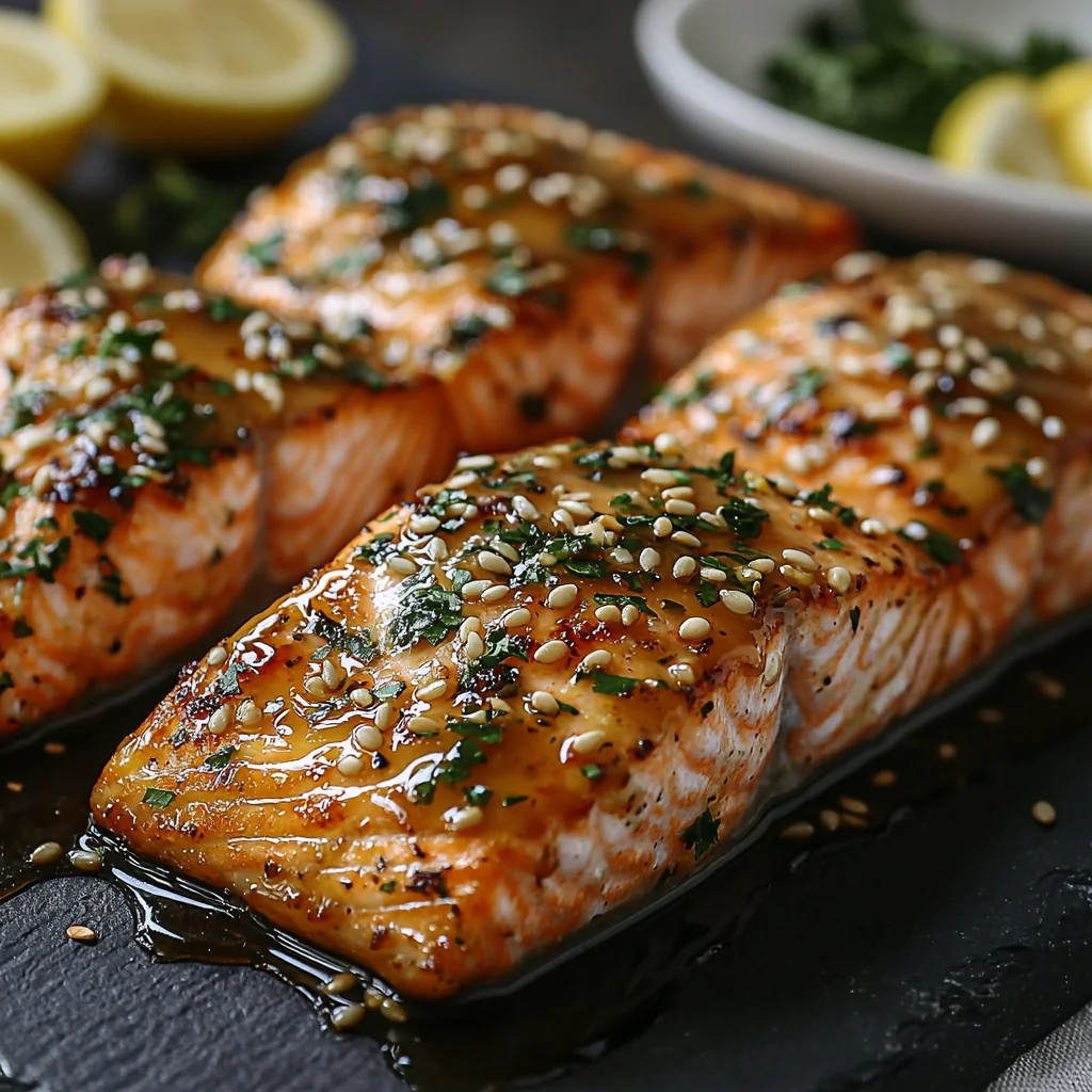 Honey garlic butter salmon with golden caramelized edges and glossy sauce coating, garnished with fresh herbs