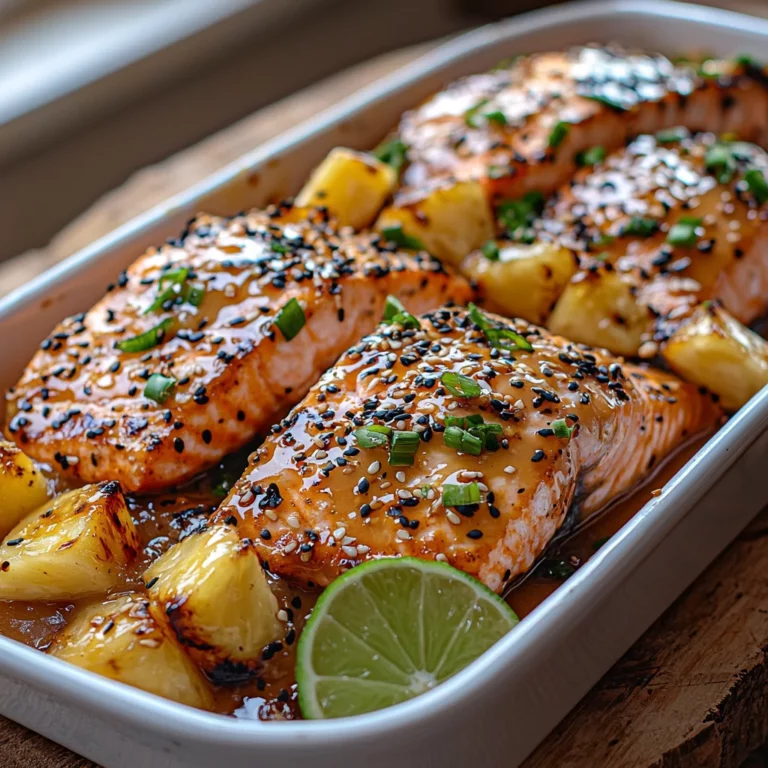 Honey Pineapple Glazed Salmon with golden caramelized glaze dripping down sides in white ceramic dish