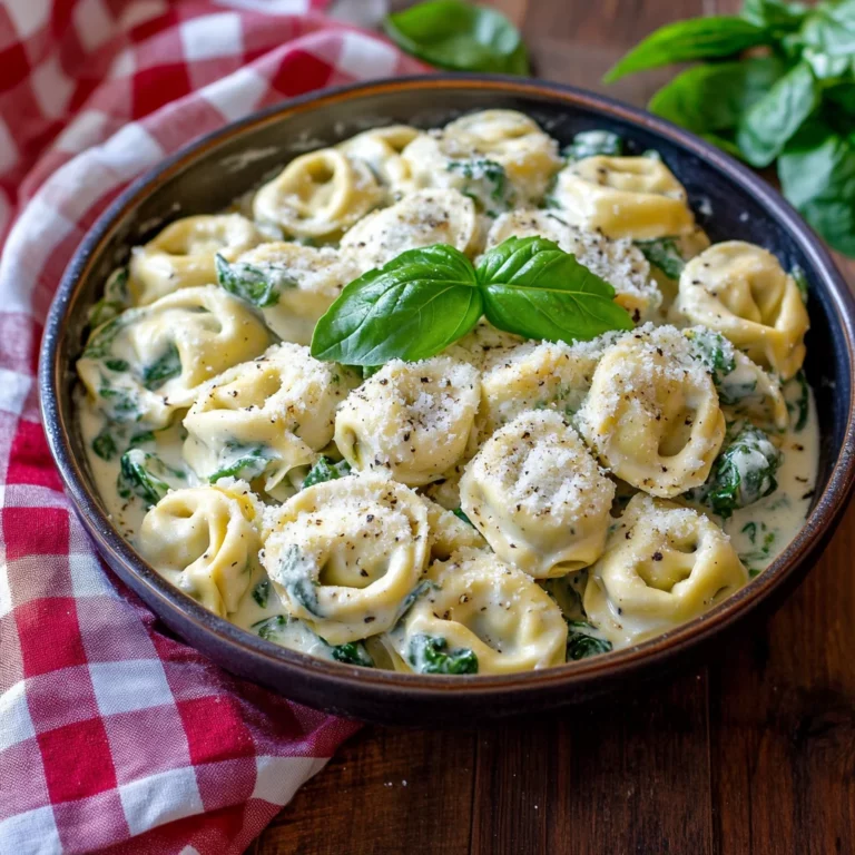 Italian Tortellini Pasta Salad with creamy sauce, golden edges, fresh herbs in white dish