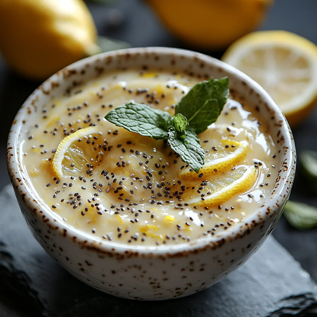 Lemon chia pudding with creamy glossy sauce, vibrant colors, and fresh herbs in a cozy kitchen setting