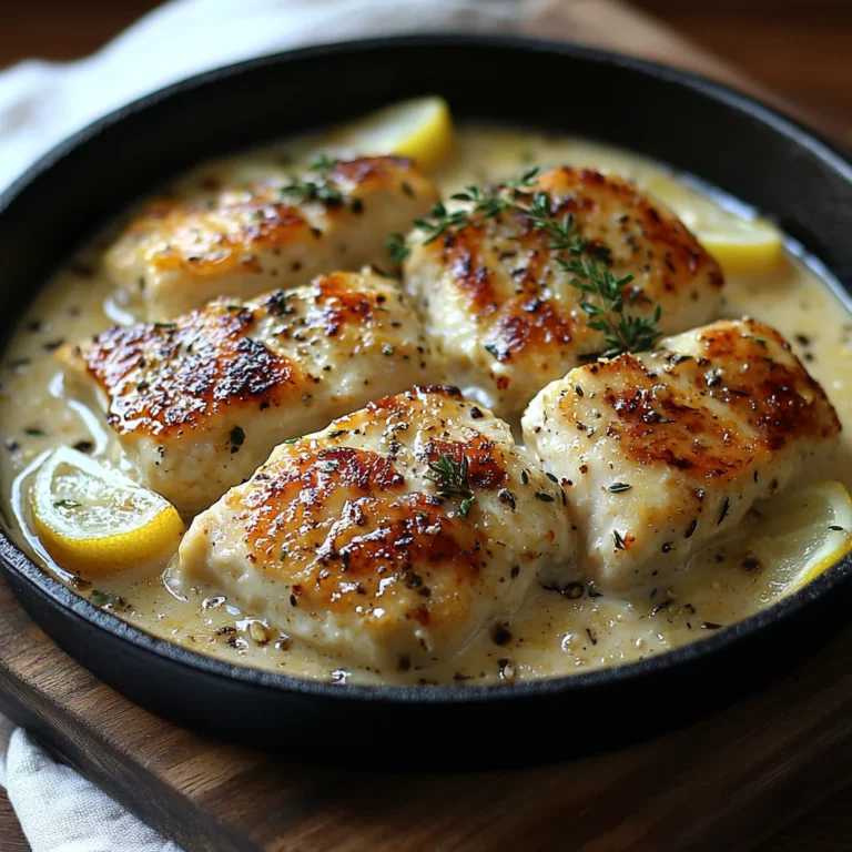 Lemon Parmesan Chicken Skillet with creamy sauce and fresh herbs in a white ceramic dish
