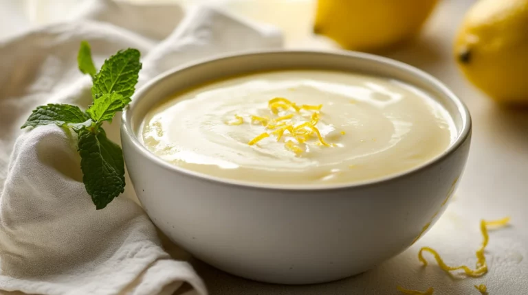 creamy lemon posset topped with lemon zest and fresh mint leaves in a glass dish