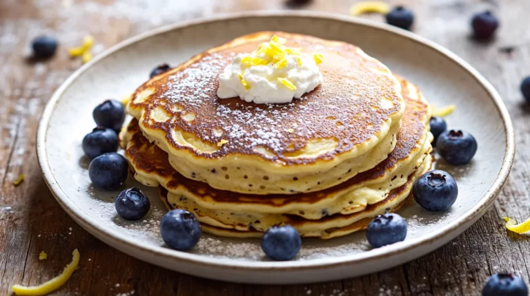 Stack of fluffy Lemon Ricotta Pancakes topped with fresh berries and a drizzle of syrup