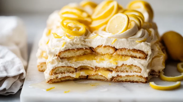 Lemon Tiramisu layered with ladyfingers, zesty lemon cream, dusted with powdered sugar in 6 easy steps