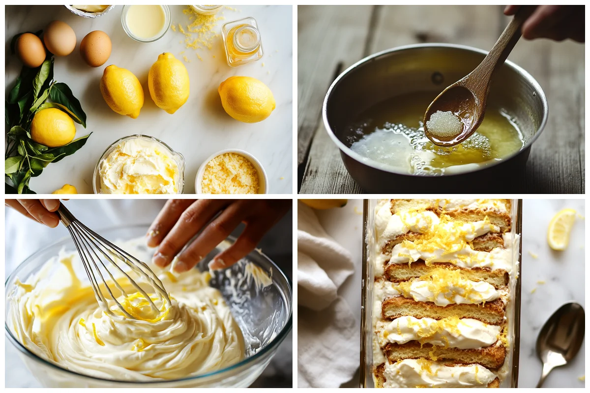 Dipping ladyfingers in zesty lemon syrup for creamy Lemon Tiramisu layers, process step 1