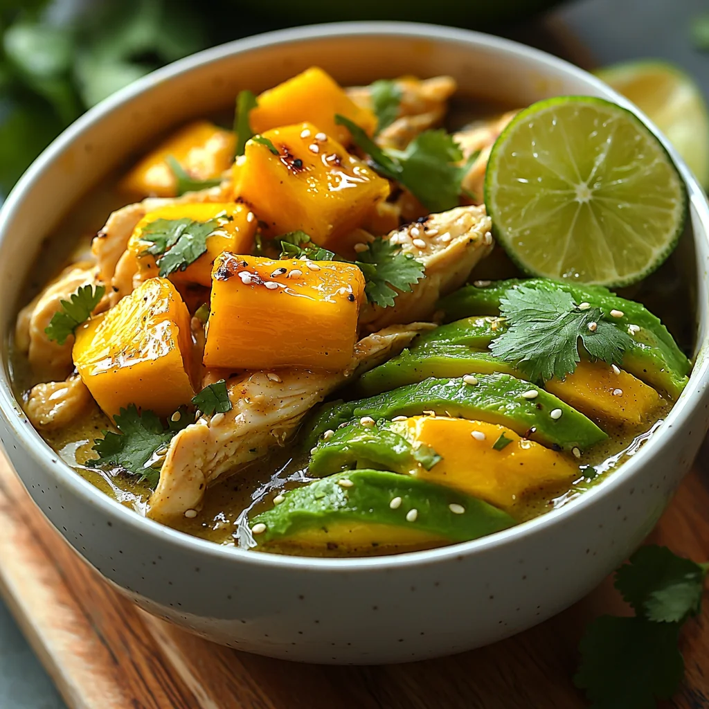 Mango Avocado Chicken Salad with creamy dressing, golden chicken pieces, fresh herbs in white ceramic bowl