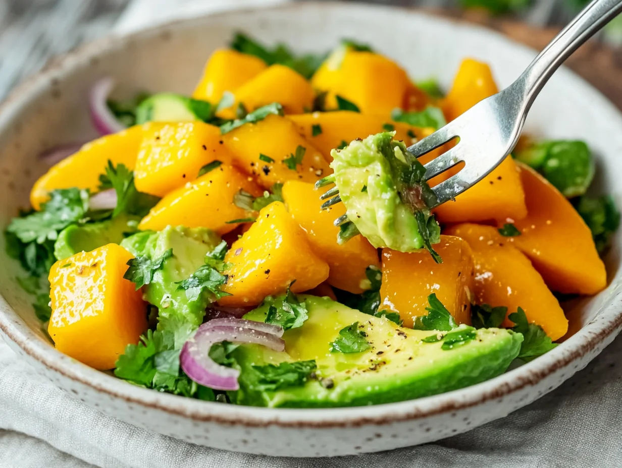 Colorful Mango Avocado Salad with fresh cilantro and lime dressing on a white plate