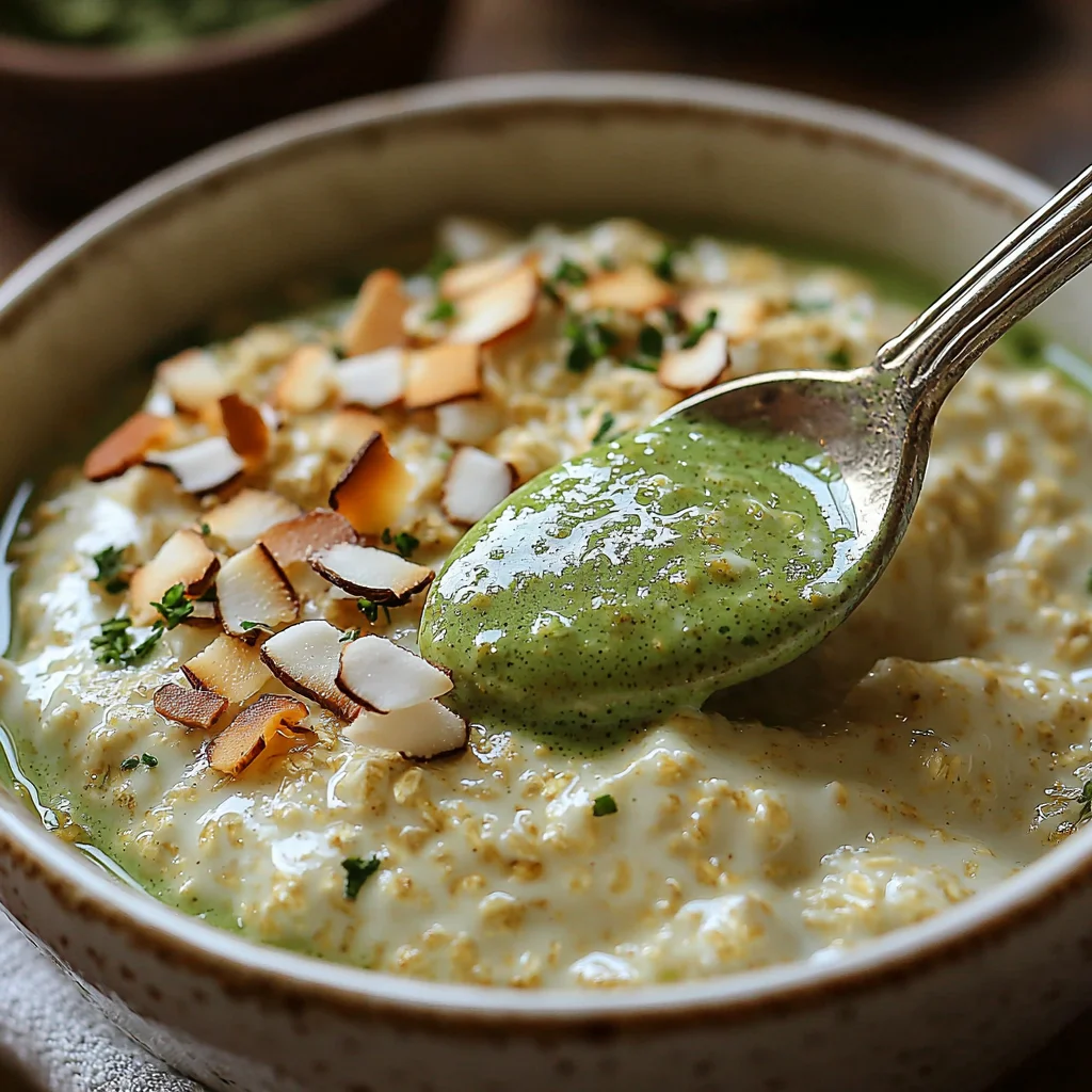 Creamy matcha coconut oats in white ceramic bowl with golden edges and fresh mint garnish, close-up food photography