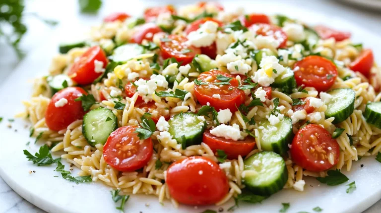 Colorful Mediterranean Orzo Salad with olives, feta, and fresh veggies in a white bowl