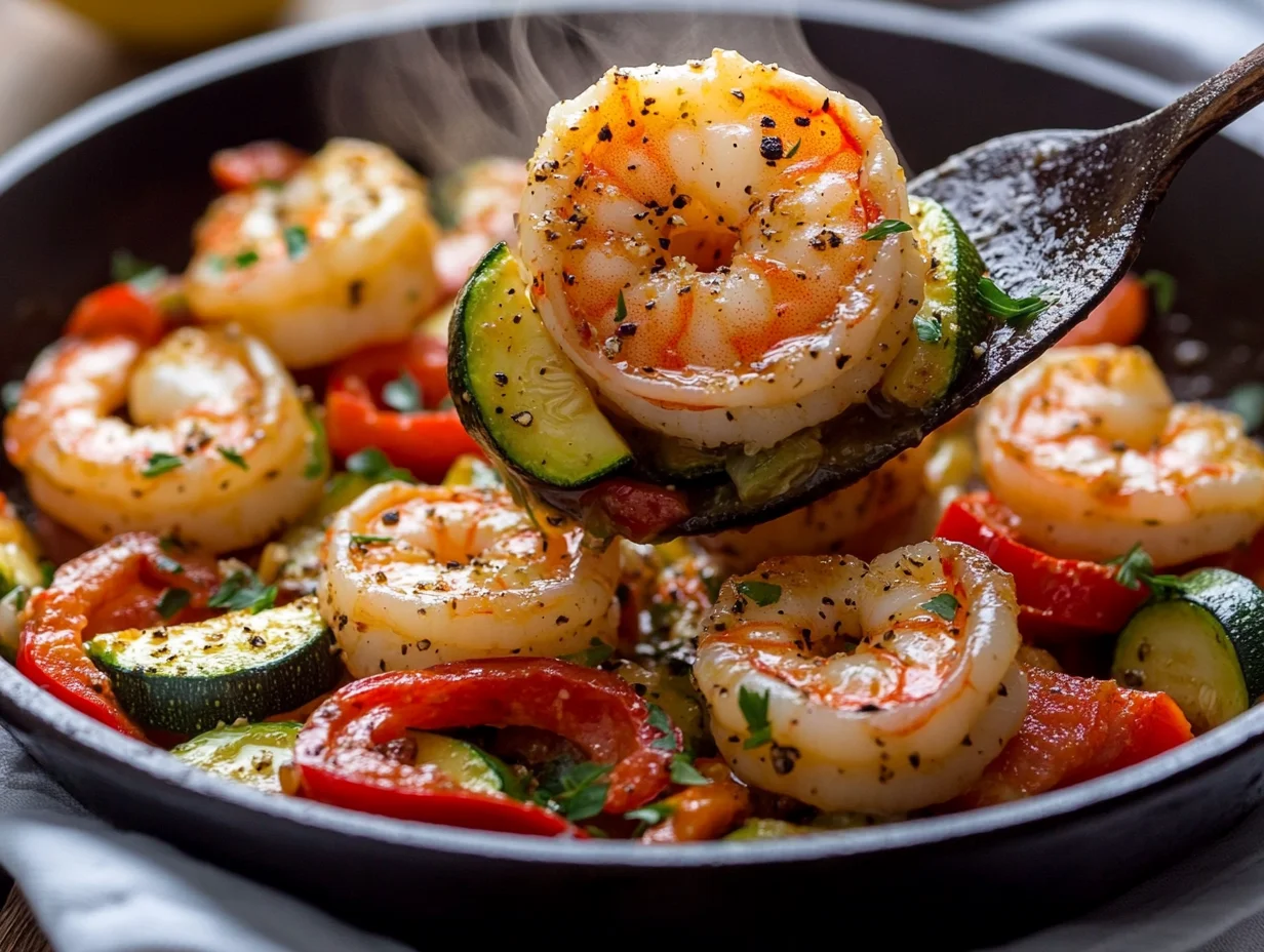 Mediterranean shrimp skillet with juicy prawns, cherry tomatoes, olives and fresh herbs served in cast iron pan