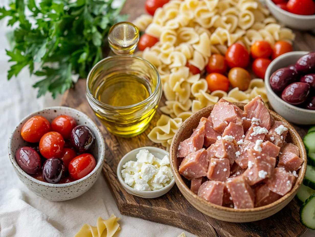 Fresh Mediterranean tuna pasta salad ingredients including cherry tomatoes, olives, feta cheese and herbs on marble counter