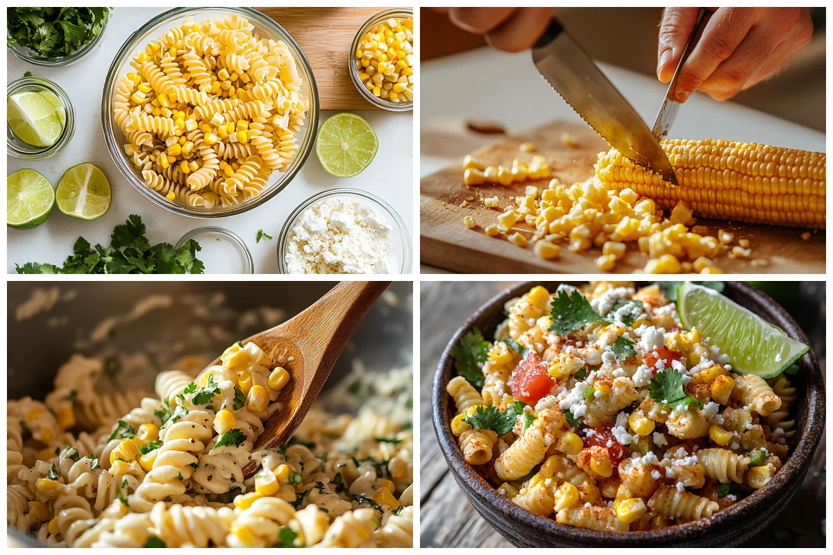 Mexican Street Corn Pasta Salad with glossy sauce and fresh herbs in a cozy kitchen setting