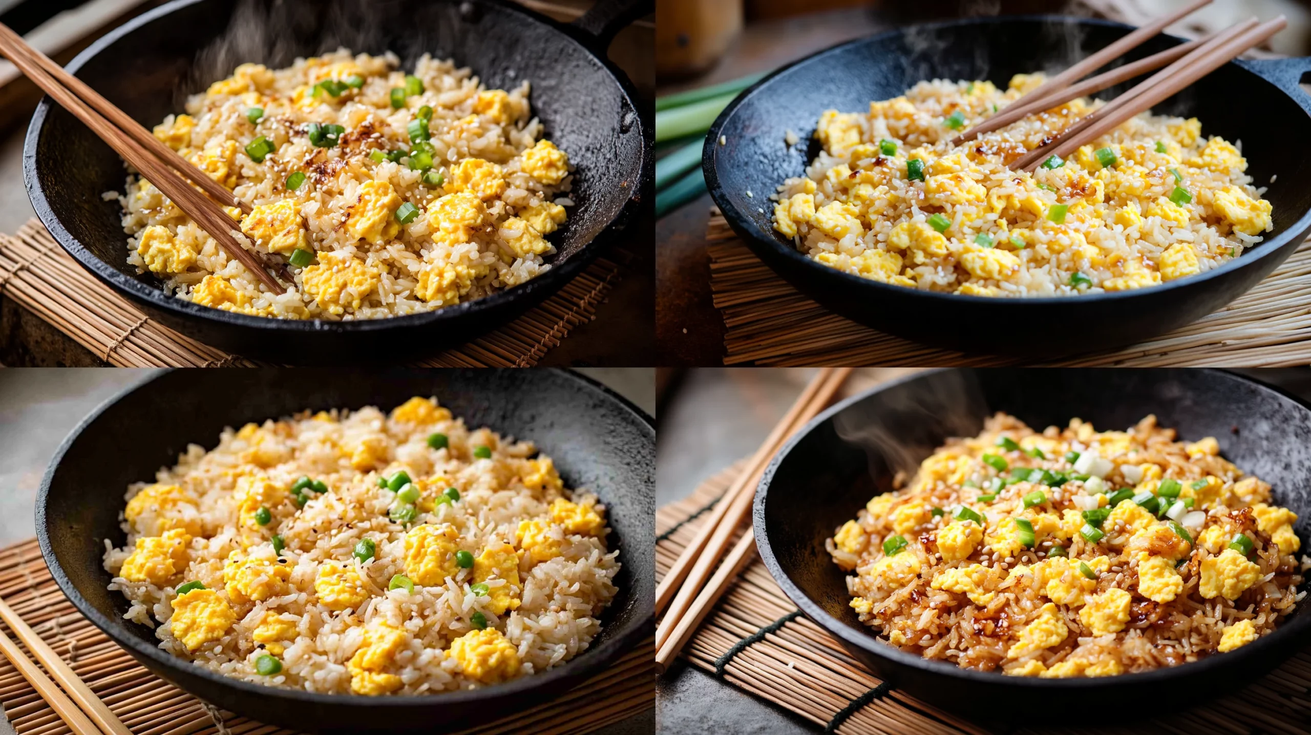 Fluffy egg fried rice with golden scrambled eggs, green onions, and perfectly seasoned grains in a dark wok