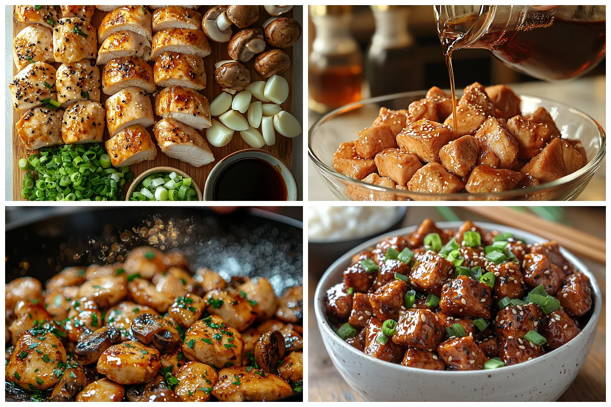 Panda Express Mushroom Chicken with glossy sauce coating tender pieces, golden edges visible in white ceramic dish