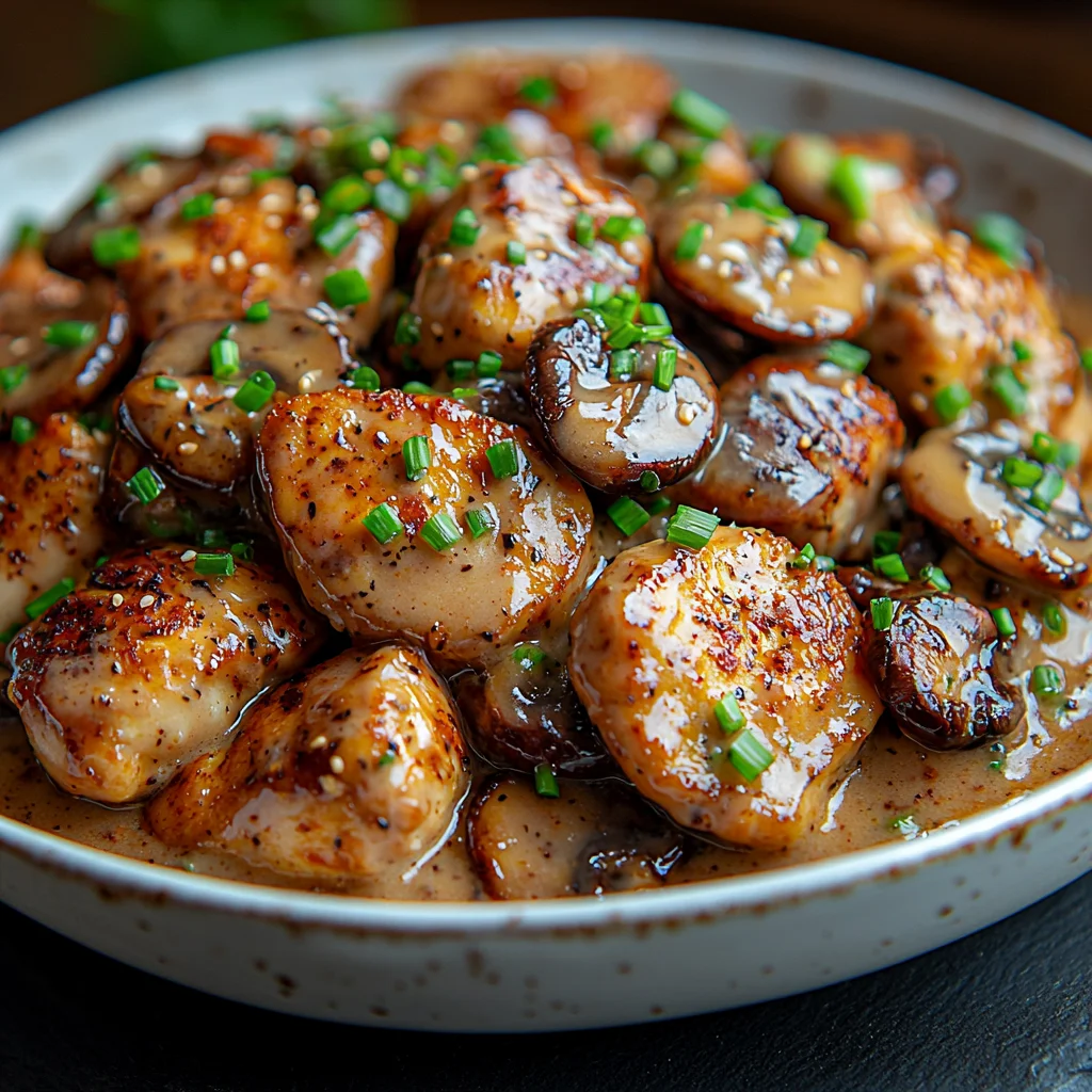 Panda Express Mushroom Chicken in a creamy glossy sauce with golden edges and fresh herbs