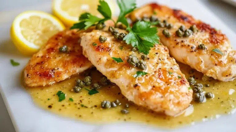 pan-seared chicken piccata with lemon slices and capers in a creamy white wine sauce