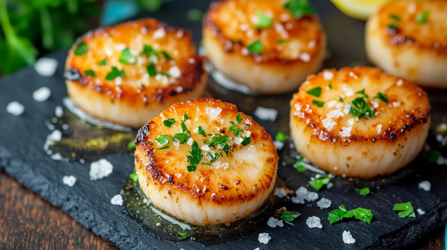 Golden seared garlic butter scallops with caramelized edges on white plate garnished with fresh herbs